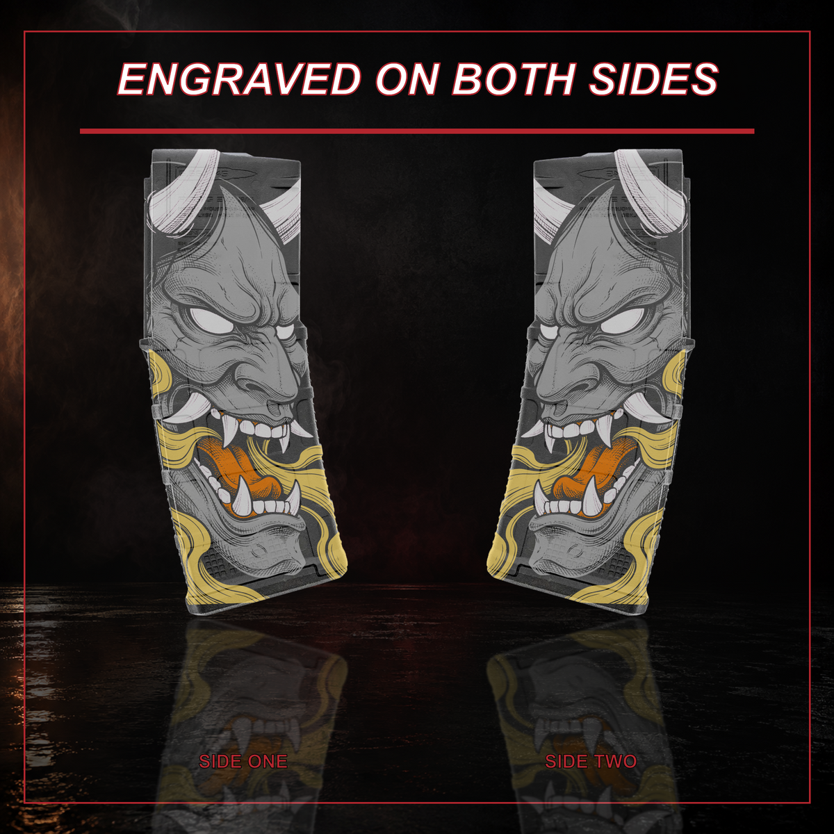 Oni Mask PMAG engraving shown on both sides