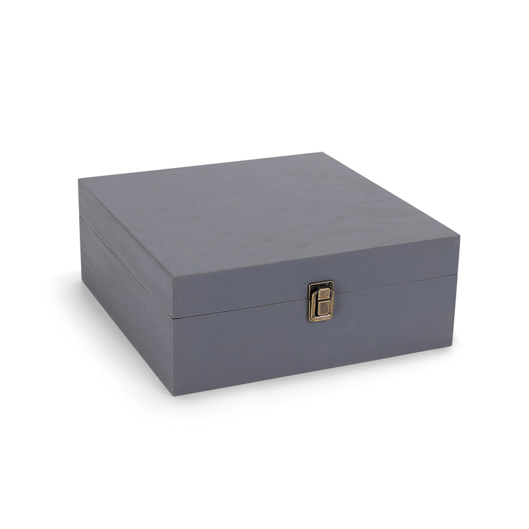 Large gray wood memory box shown closed against white.