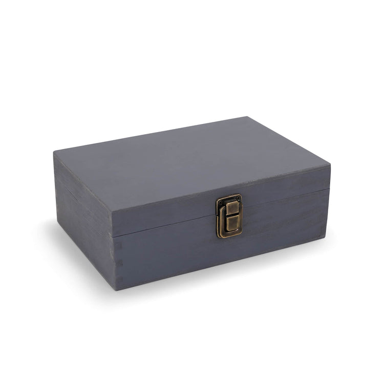 Medium gray wood memory box shown closed against white.