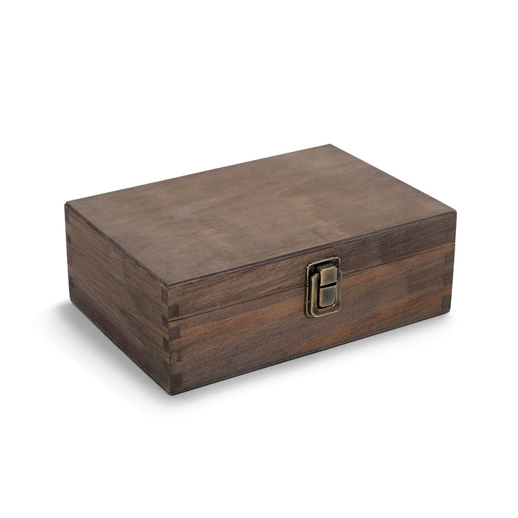 Medium walnut wood memory box shown closed against white.