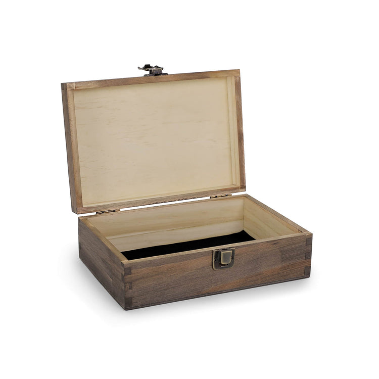 Medium walnut wood memory box shown open with natural wood interior.