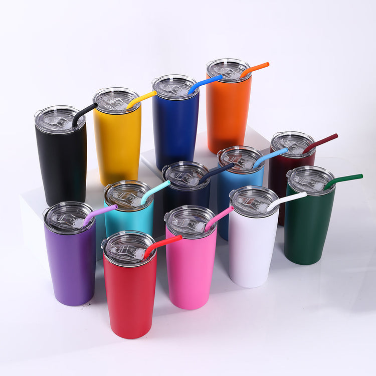 Assorted powder-coated 20 oz tumblers displayed in two rows.