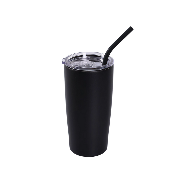 Black 20 oz insulated tumbler with matching straw and clear slide lid.