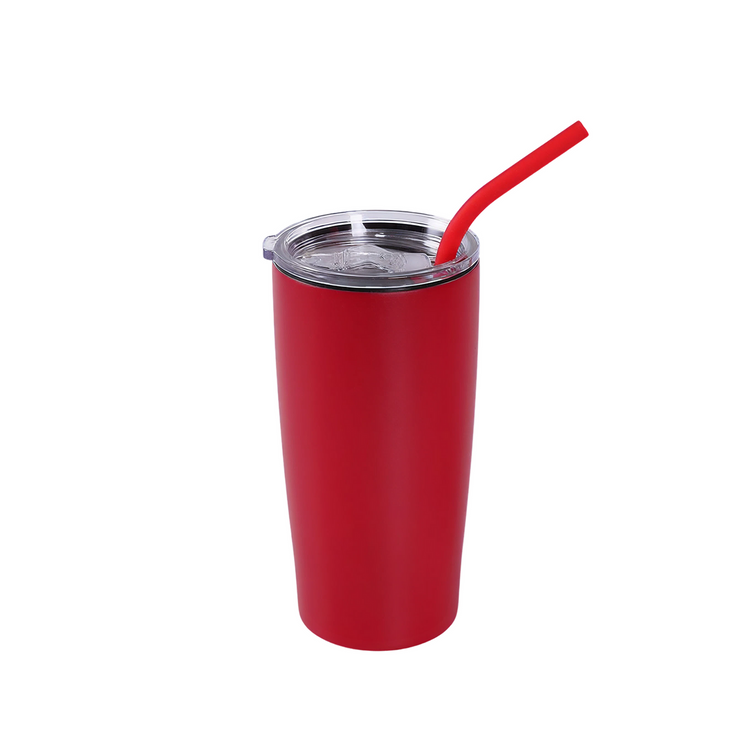 Red 20 oz insulated tumbler with matching straw and clear slide lid.