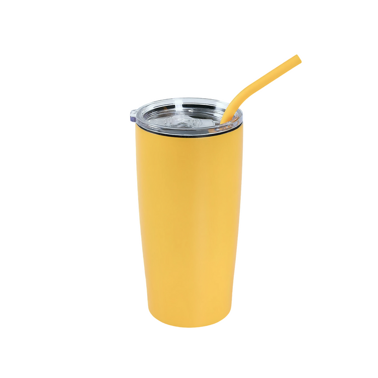 Yellow 20 oz insulated tumbler with matching straw and clear slide lid.