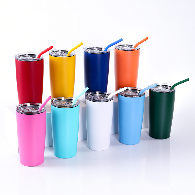 Assorted 20 oz insulated tumblers arranged together in multiple colors.