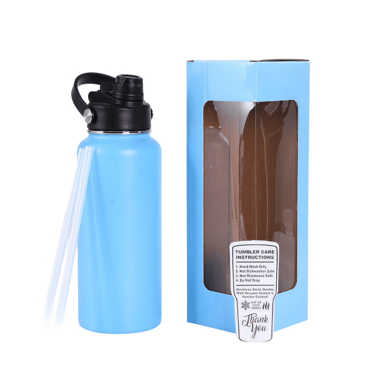 Light blue 32 oz water bottle with handled lid, gift box, and straws.