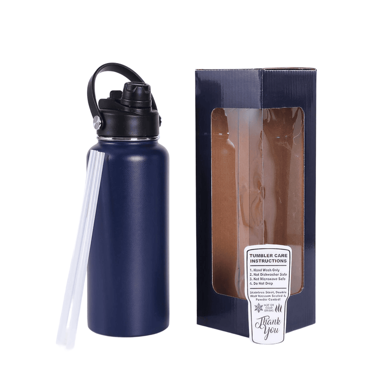 Navy 32 oz water bottle with handled lid, gift box, and straws.