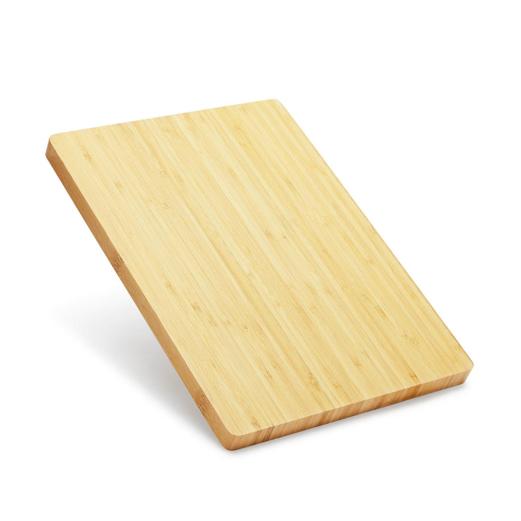 Bamboo cutting board shown from an elevated three-quarter angle.