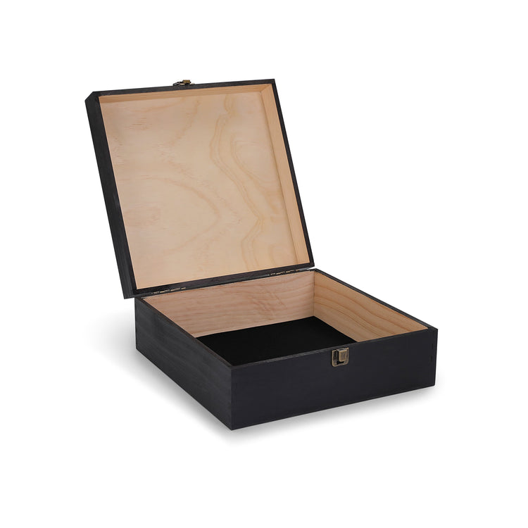 Large black wood memory box shown open with natural interior.