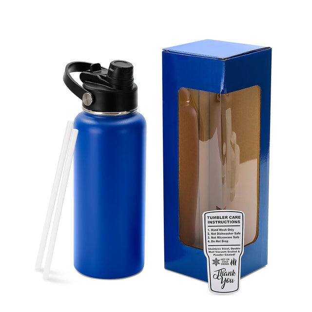 Blue 32 oz water bottle with window gift box and two clear straws.
