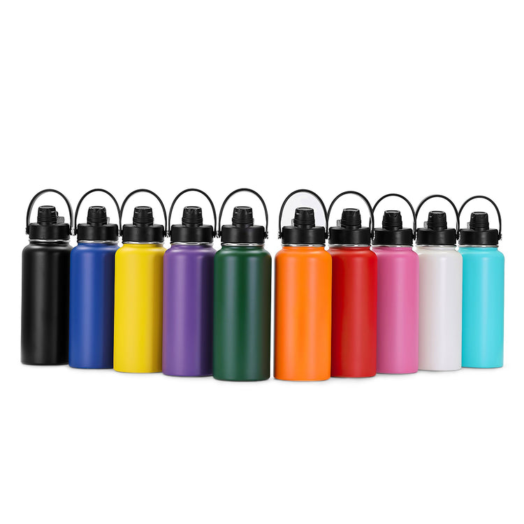 Row of 32 oz water bottles in assorted powder-coated colors.
