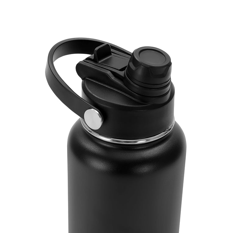 Black dual-spout bottle lid with handle and internal straw.