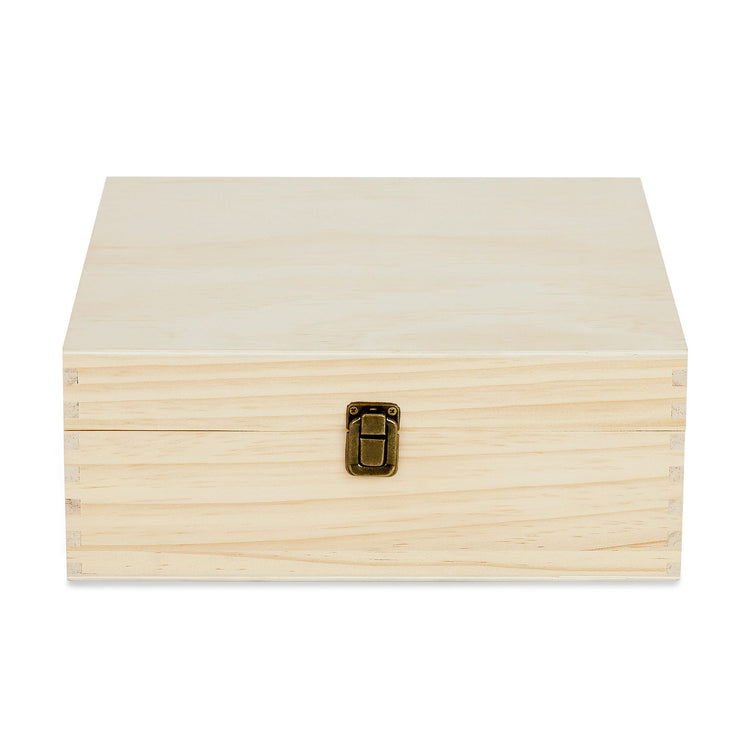 Large natural wood memory box shown straight on with clasp.