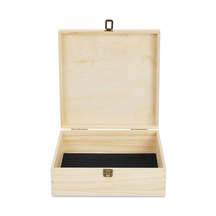 Large natural wood memory box open to show black felt lining.