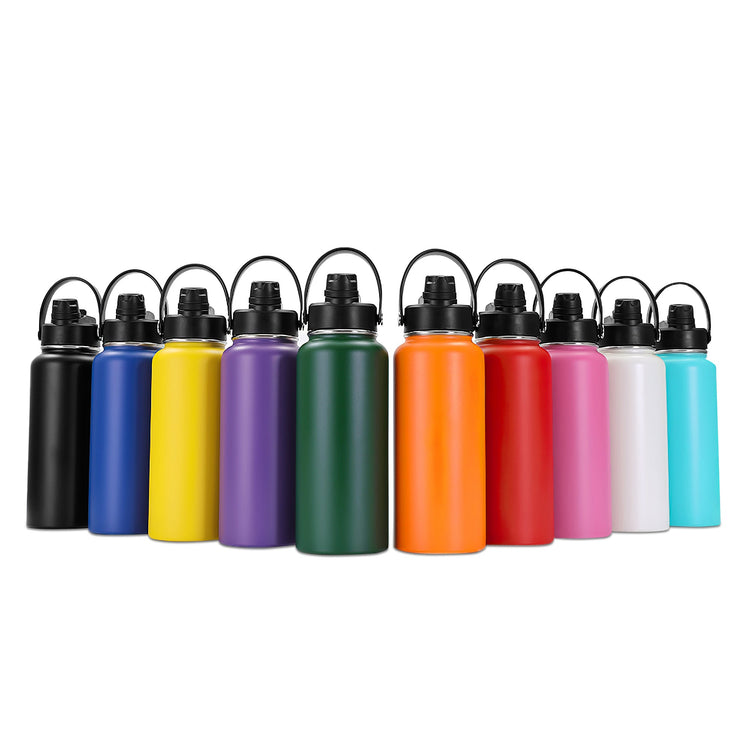 Assorted 32 oz water bottles lined up in available colors.