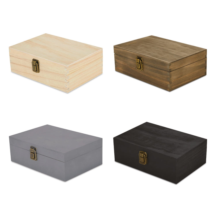 Medium memory boxes displayed in natural, walnut, gray, and black.