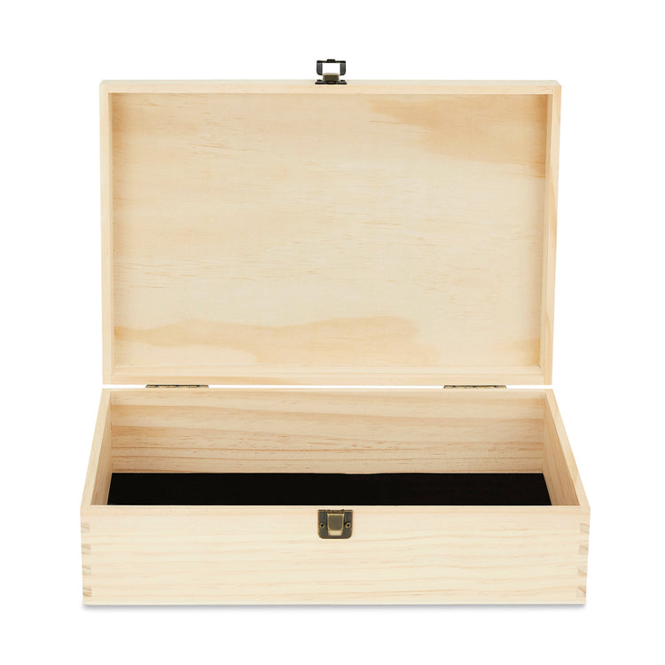 Extra-large natural wood memory box shown open with felt lining.