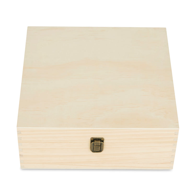 Large pine wood memory box shown closed against white.
