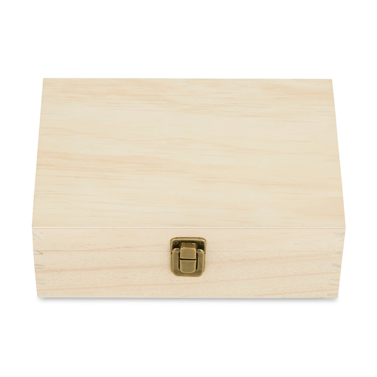 Natural pine memory box shown straight on with metal clasp.