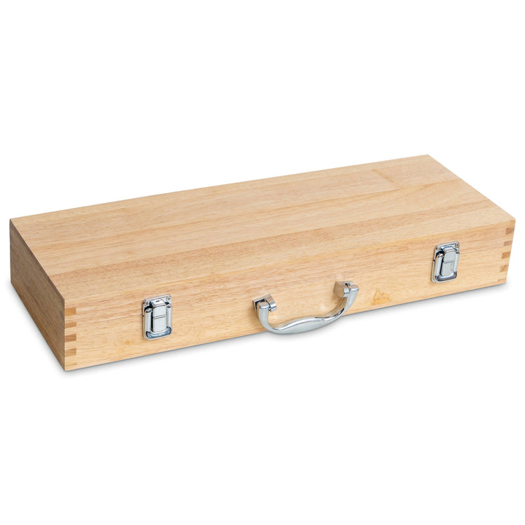 Closed wooden barbecue tool case with metal latches and handle.