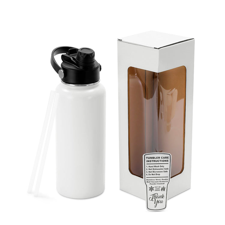 White 32 oz water bottle with window gift box and clear straws.