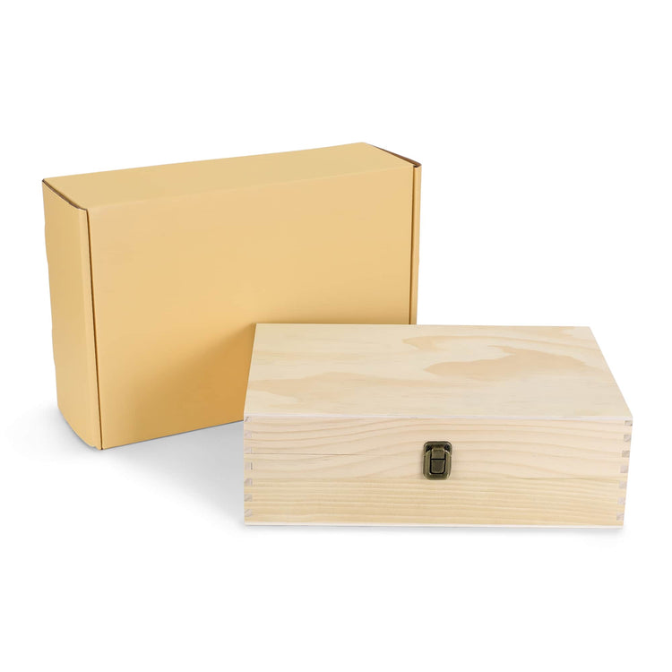 Extra-large natural wood memory box shown closed with metal clasp.