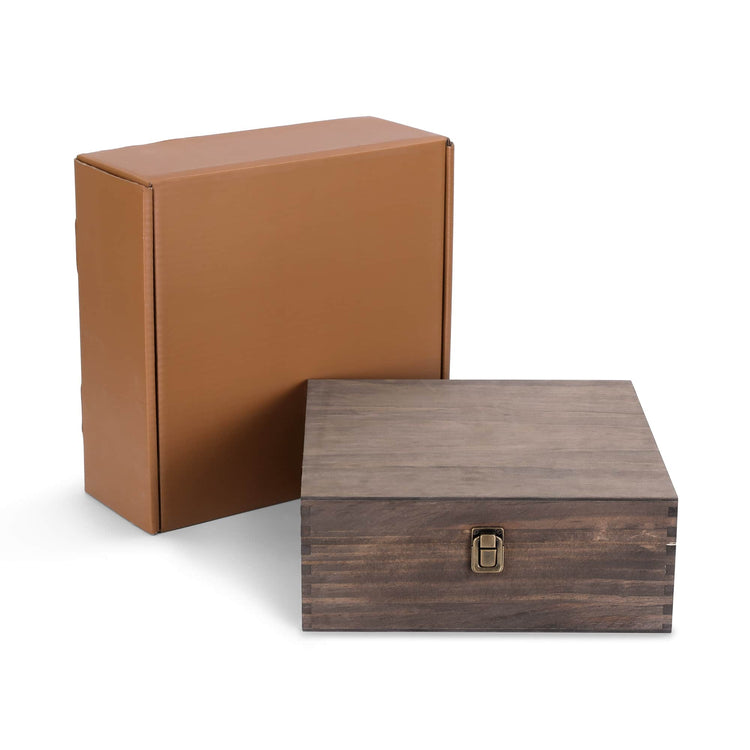 Large walnut wood memory box shown closed with metal clasp.