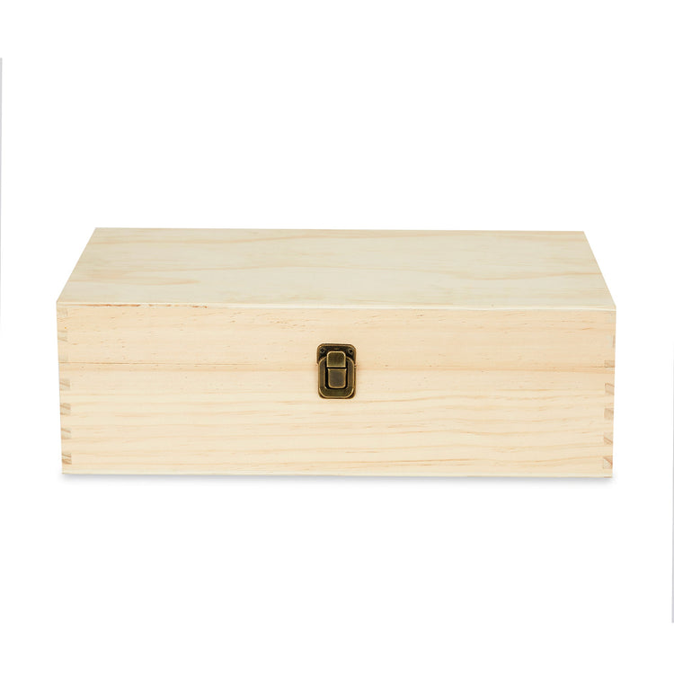Natural wood memory box shown closed with two metal clasps.