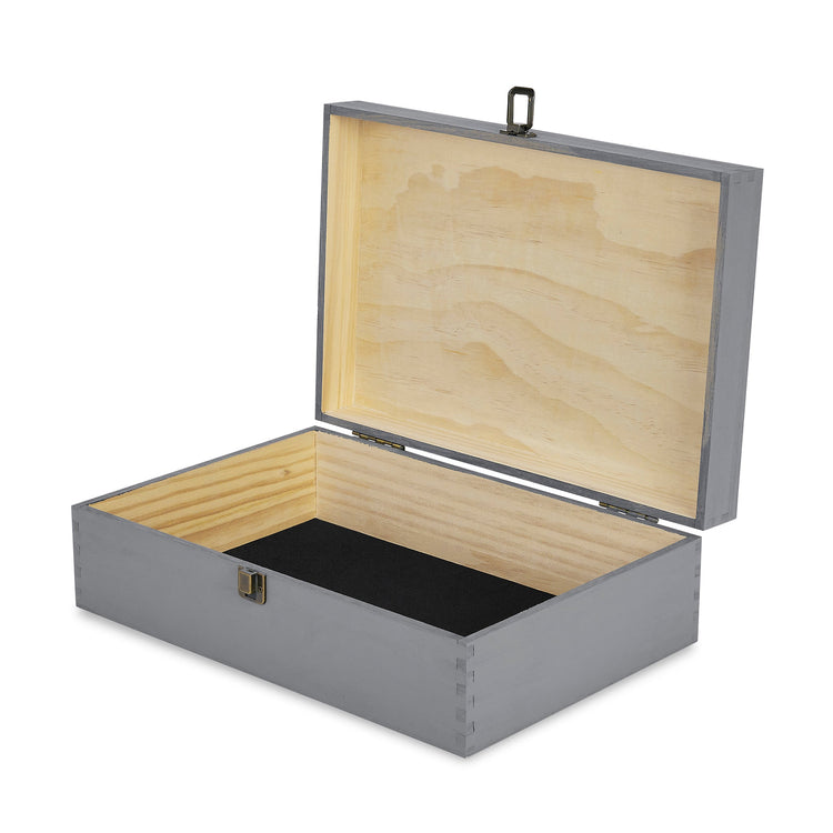 Extra-large gray wood memory box shown open with felt lining.