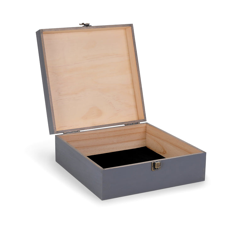 Large gray wood memory box shown open with natural interior.