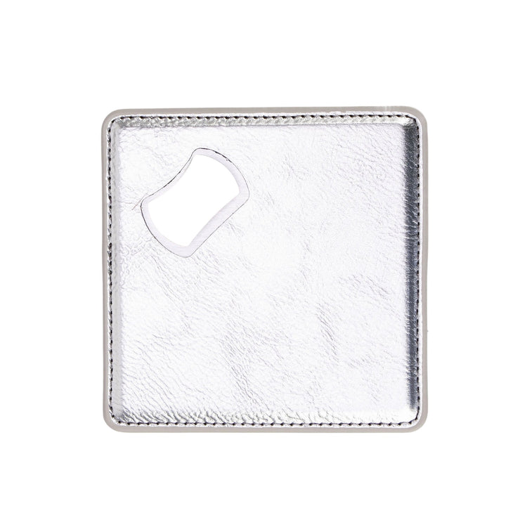 Laserette Bottle Opener Coaster — Bottle Opener Coaster Laserette Engravable Leatherette Metallic Silver