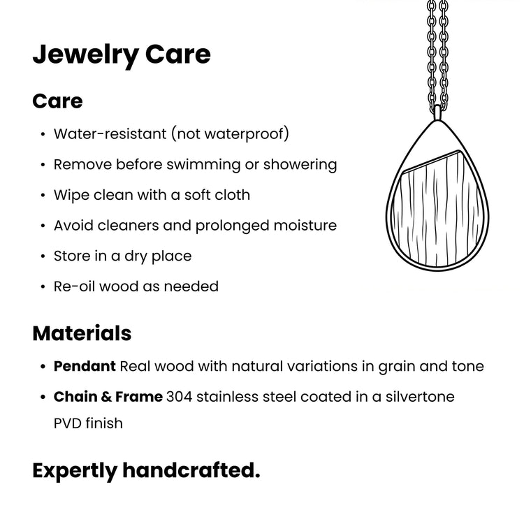 Wood Pendant Necklace — Wood Jewelry Care Card