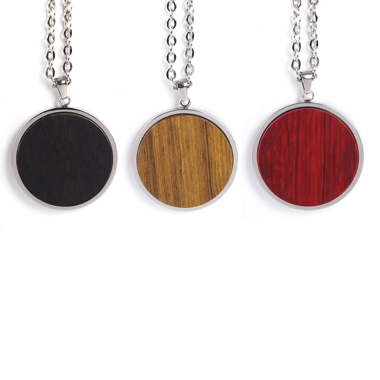 Wood Pendant Necklace — engravable wood pendant necklace circle 3 natural wood tones