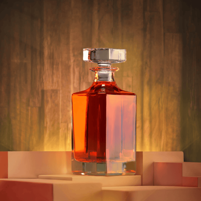 Clear square whiskey decanter filled with amber liquor on a warm backdrop.
