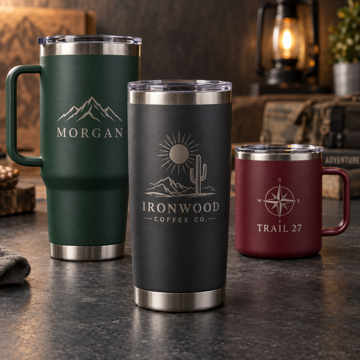 Three laser-engraved drinkware examples in charcoal, forest green, and burgundy finishes.