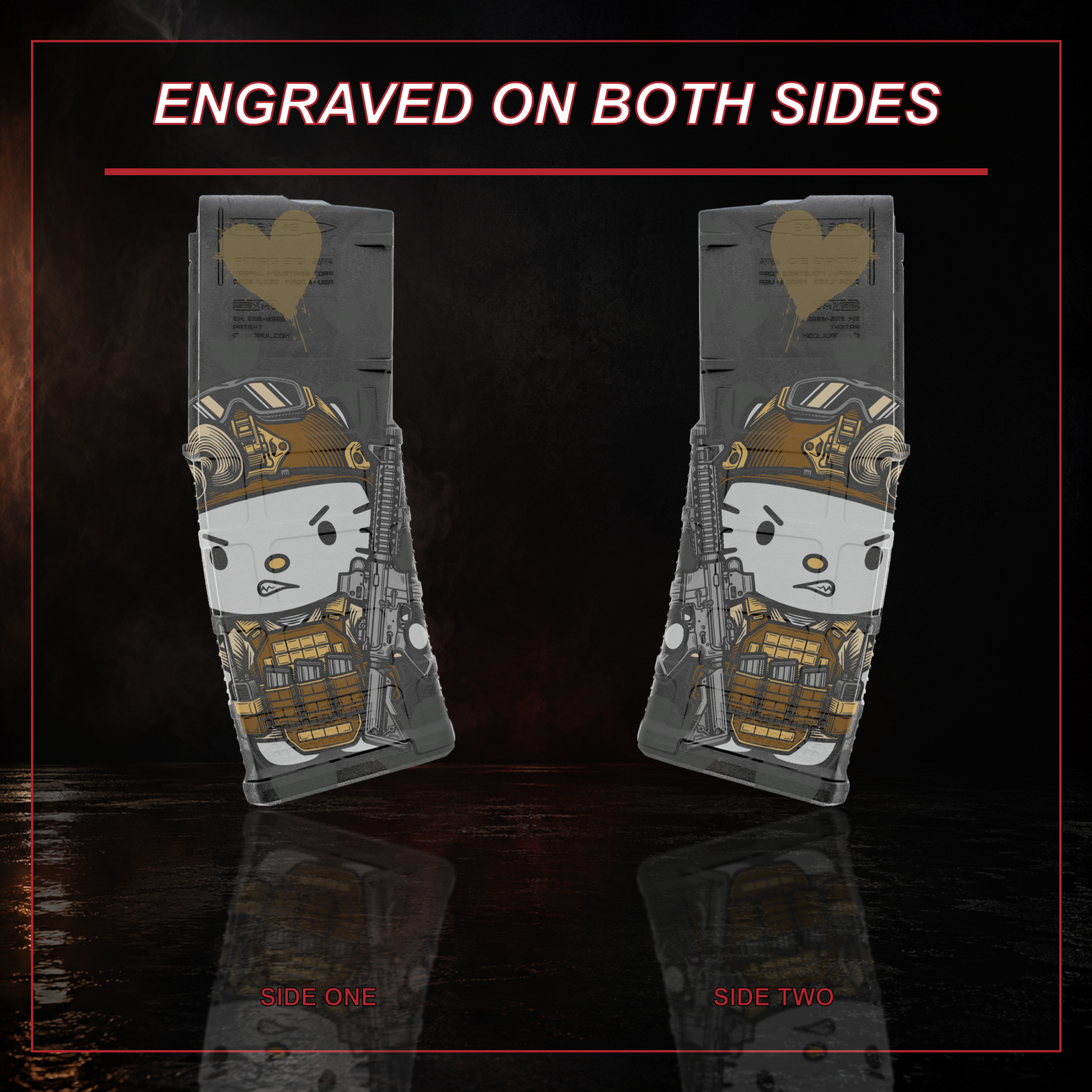 Hello Kitty PMAG engraving shown on both sides