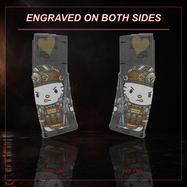 Hello Kitty PMAG engraving shown on both sides