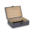 Medium gray wood memory box shown open with natural wood interior.