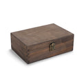 Medium walnut wood memory box shown closed against white.