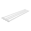 Set of four stainless steel barbecue skewers against white.