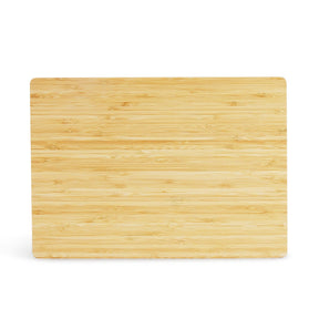 Rectangular bamboo cutting board shown straight on against white.