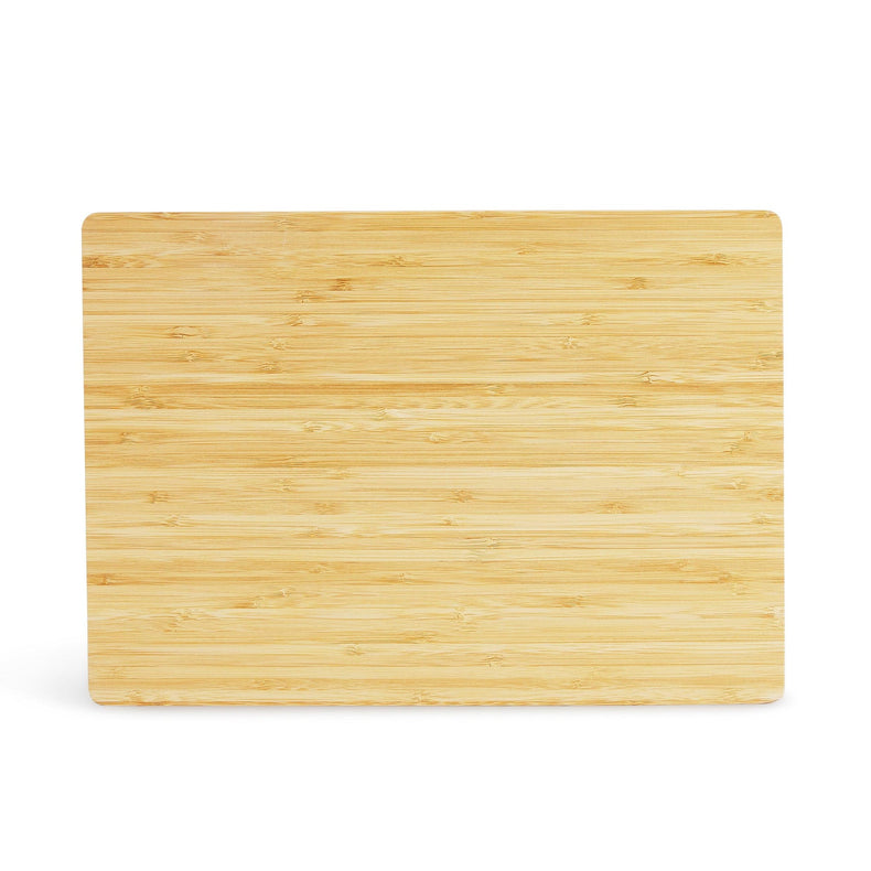 Rectangular bamboo cutting board shown straight on against white.