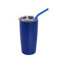 Blue 20 oz insulated tumbler with matching straw and clear slide lid.
