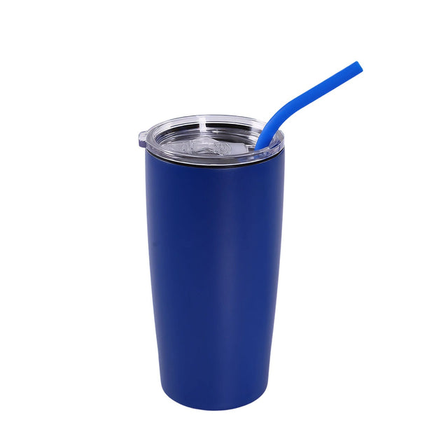Blue 20 oz insulated tumbler with matching straw and clear slide lid.