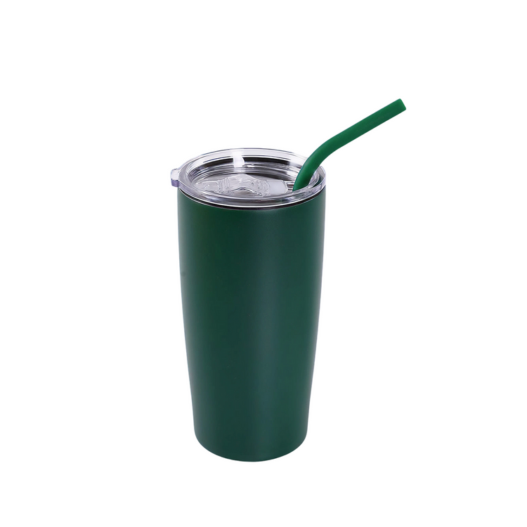 Green 20 oz insulated tumbler with matching straw and clear slide lid.