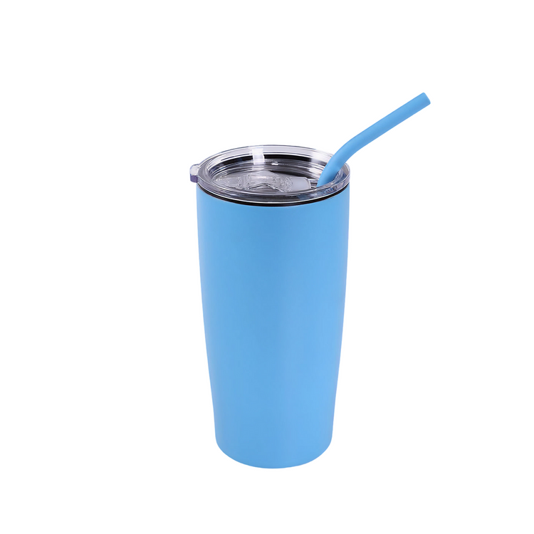 Light Blue 20 oz insulated tumbler with matching straw and clear slide lid.