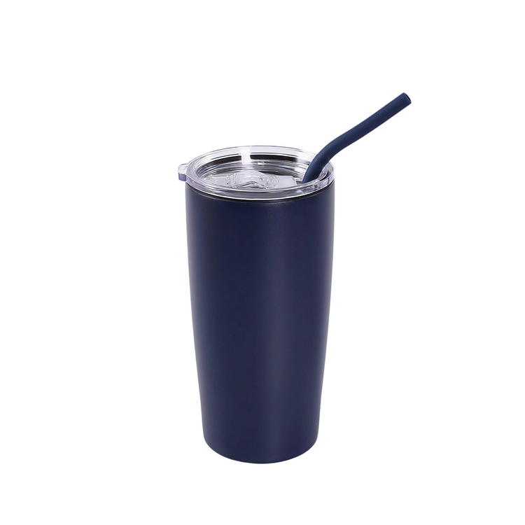 Navy 20 oz insulated tumbler with matching straw and clear slide lid.