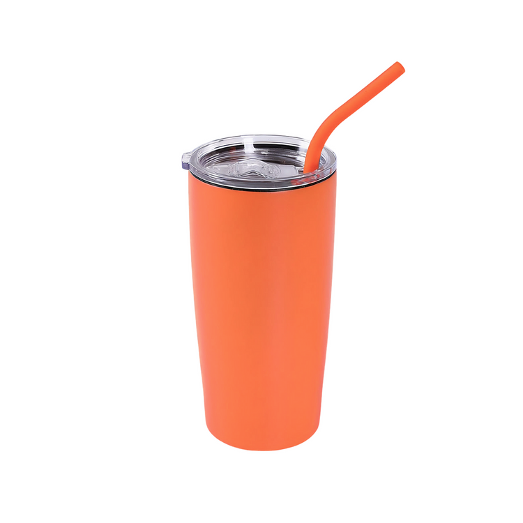 Orange 20 oz insulated tumbler with matching straw and clear slide lid.