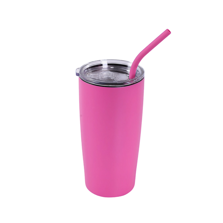 Pink 20 oz insulated tumbler with matching straw and clear slide lid.